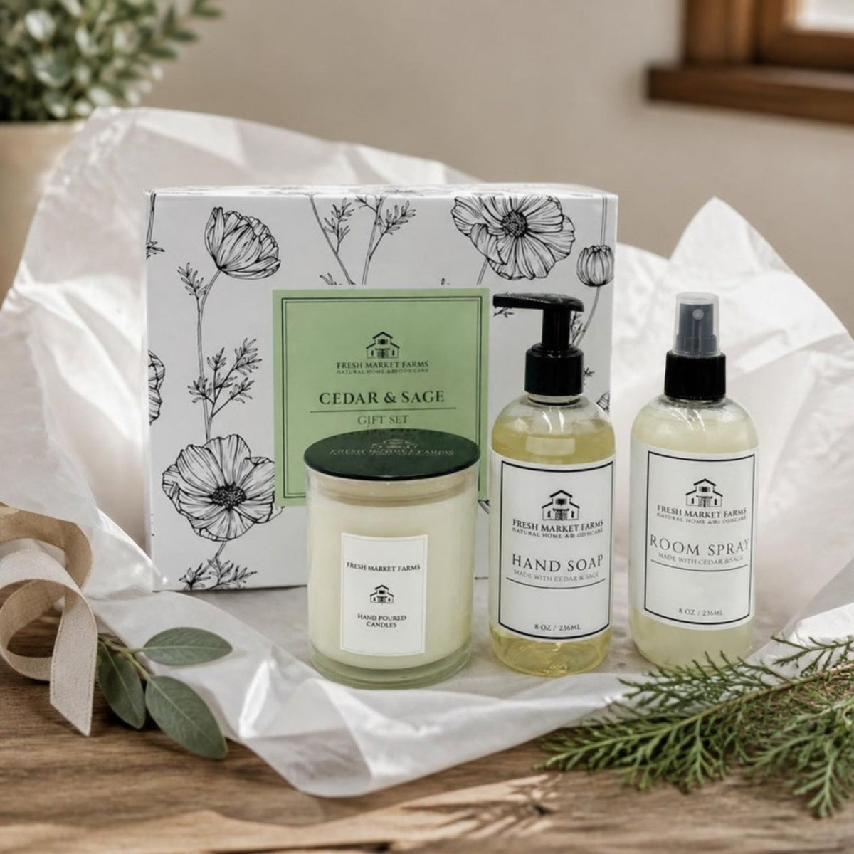 Cedar & Sage Gift Set unwrapped on a table