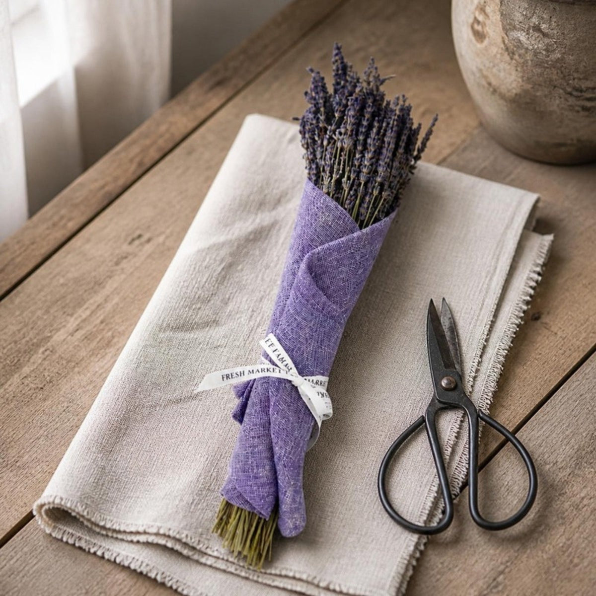 Dried lavender bundle on a farmhouse table