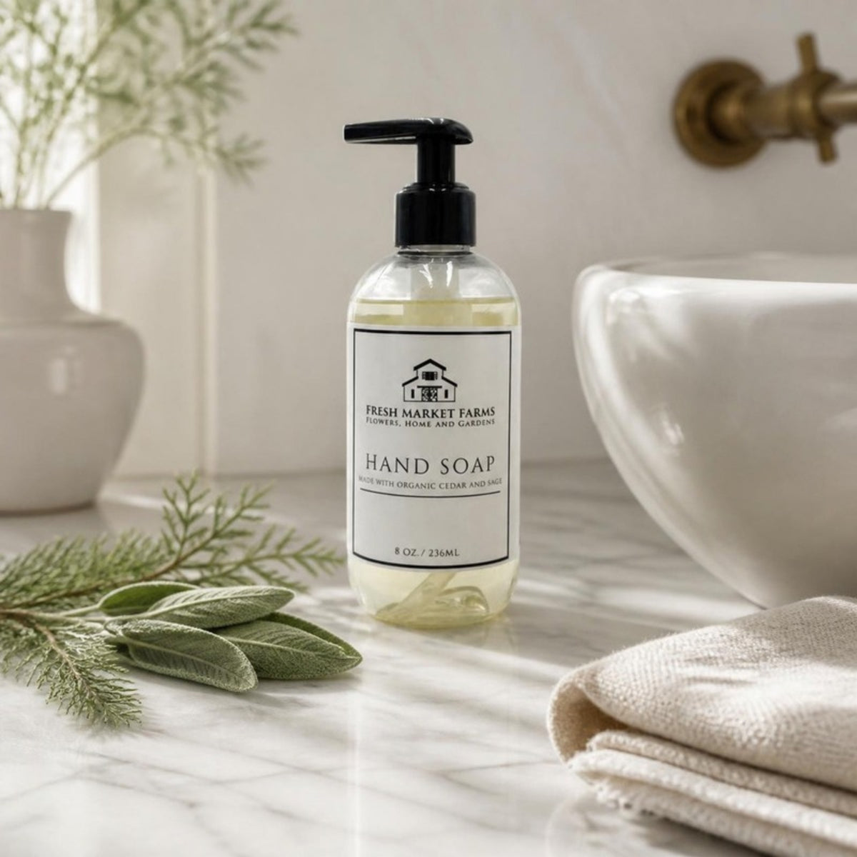 Cedar & Sage Hand Soap on a bathroom counter with cedar and sage
