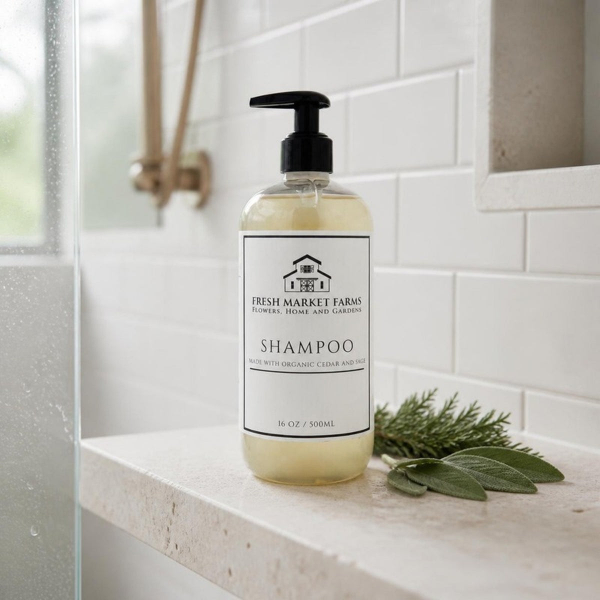 Cedar & Sage Shampoo on a shower shelf