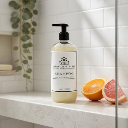 Citrus Shampoo on a shower shelf with fresh citrus