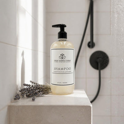 Lavender Shampoo on a shower shelf with dried lavender