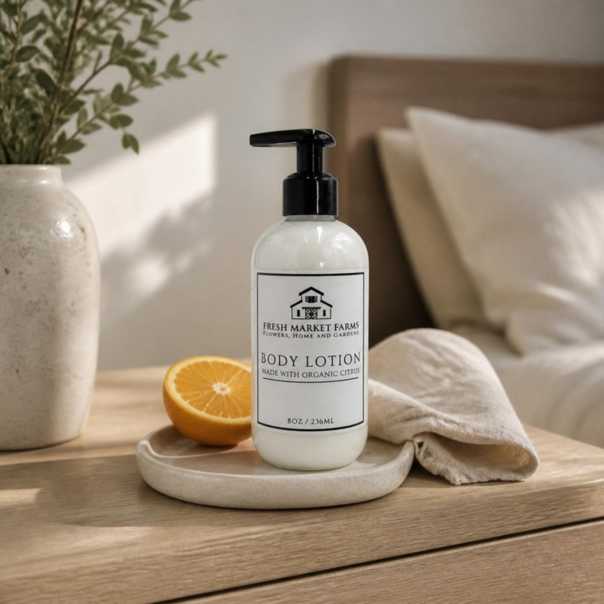 Citrus Body Lotion on a bedroom dresser